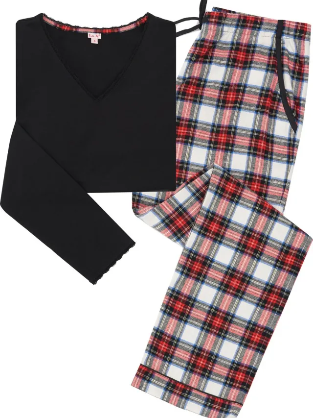 La V La-V pyjamasets voor dames met geruite flanel broek en top met kant zwart/rood XL (Valt klein)