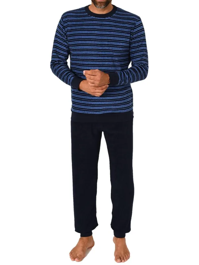 Normann Herenpyjama in badstof met lange mouwen en manchetten in streepjes-look - ook in overmaten navy1