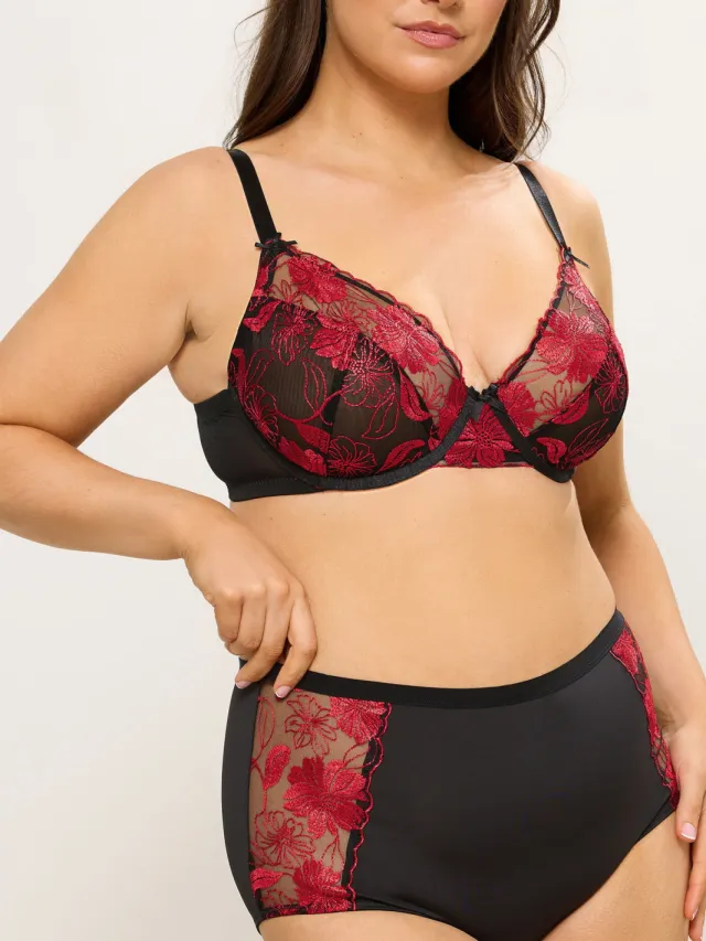 Yours Zwarte En Rode Slips Met Volledige Dekking En Geborduurde Bloemen-52 Black