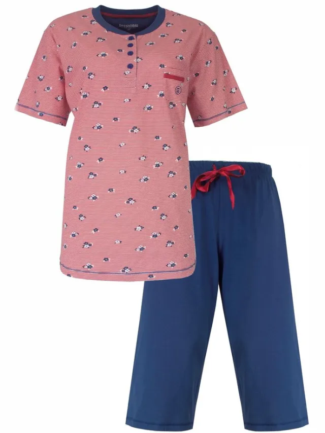 Irresistible Dames Pyjama - 3/4 Broek - Witte Strepen - Blauw