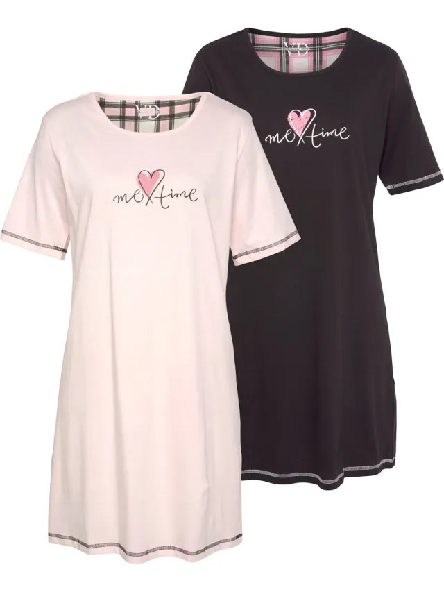 nachthemd set van 2 zwart en roze zwart, zwart/wit geruit, roze, roze/zwart geruit