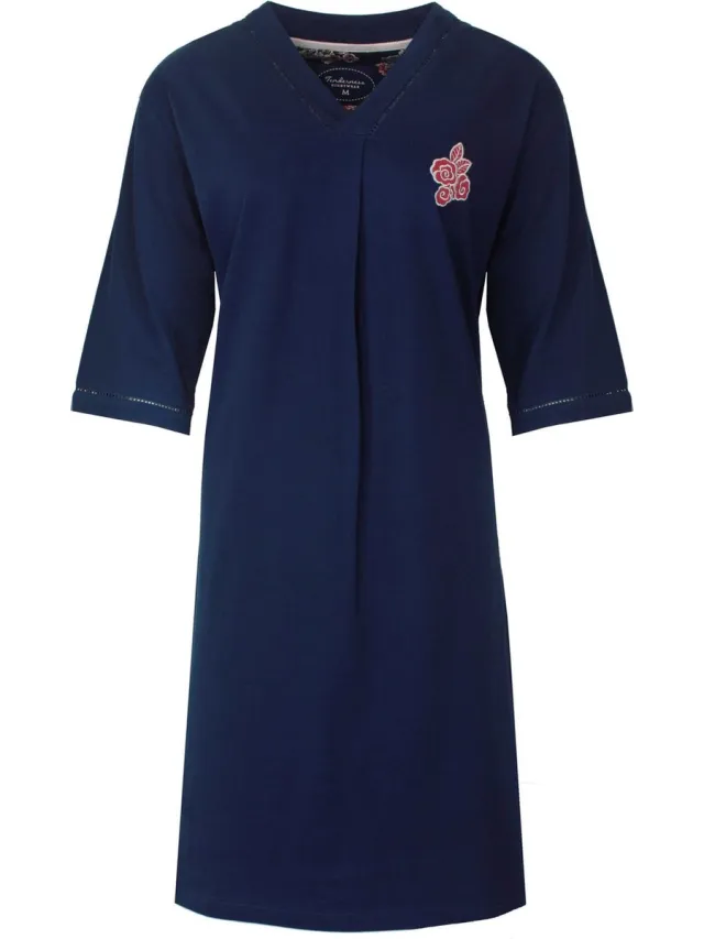 Tenderness Dames Nachthemd - Katoen - 3/4 Mouw - Navy Blauw