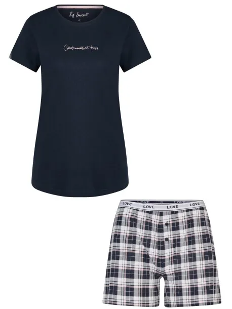 By Louise Dames korte pyjama set shortama donkerblauw effen/geruit Veelkleurig