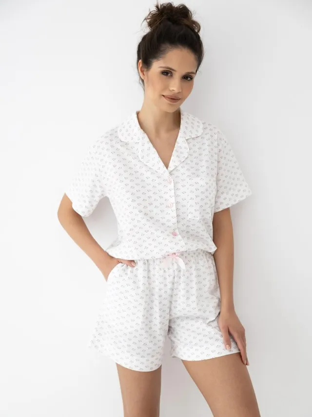 S& Sensis Sensis Katoenen Shortama Dames Bloemenprint Knoopsluiting Wit LESLIE 40 /