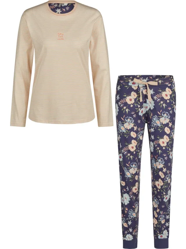 By Louise Dames Pyjama Set Jersey Katoen Gebloemd Oranje Blauw