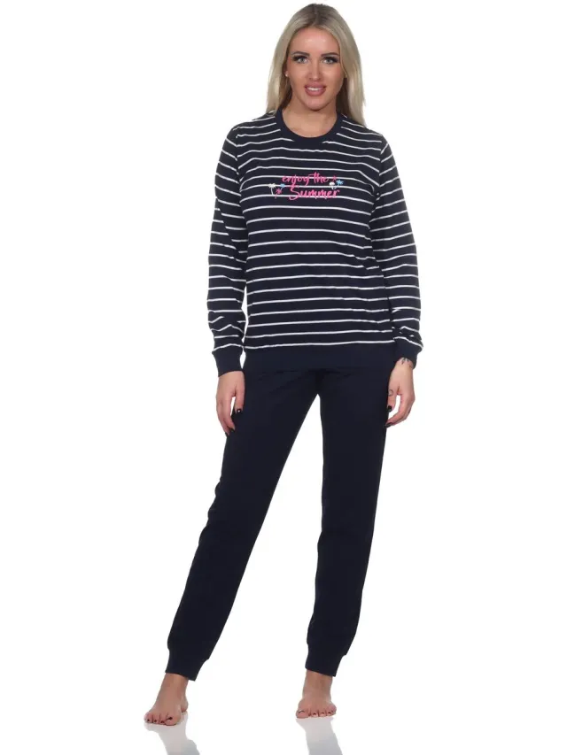 Normann Damespyjama met lange mouwen, gestreepte pyjama met manchetten "Enjoy The Summer" marine