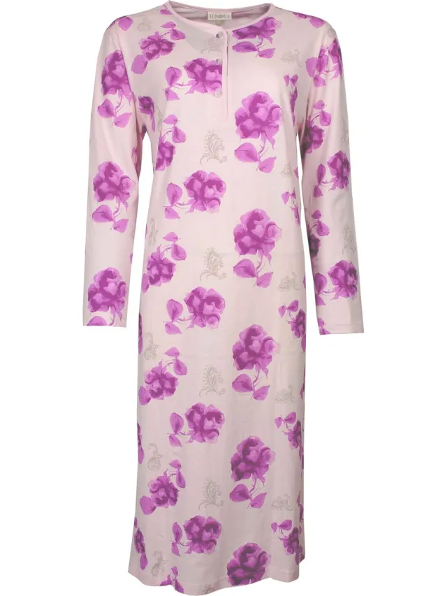 Tenderness Dames Nachthemd - Polo Sluiting - Bloemen - Roze