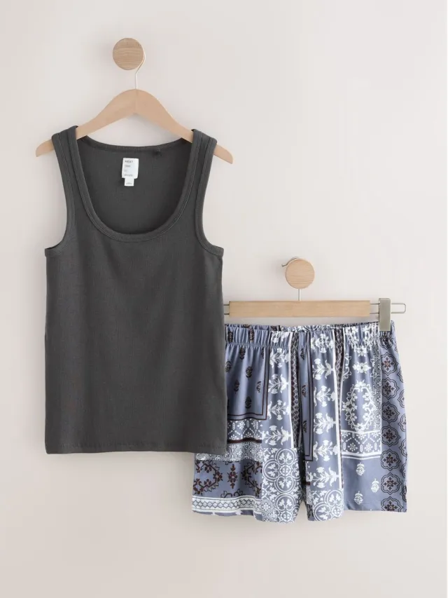 Next Dames - Korte geribbelde pyjama - Blauw Charcoal Grey