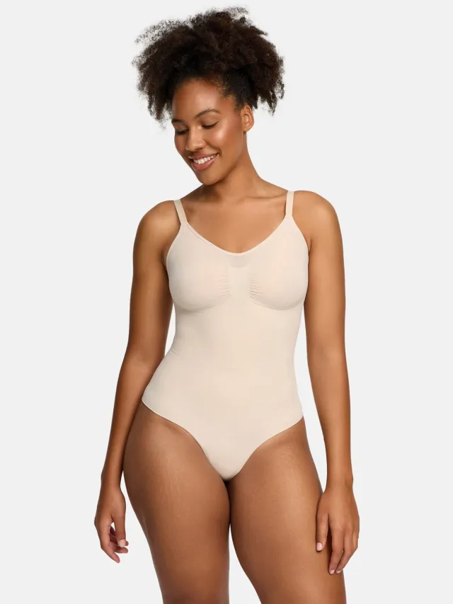 cfab Bodysuit met corrigerende werking en koordjes - Sand - XS - Corrigerende Body - Naadlos - corrigerend ondergoed dames Zand