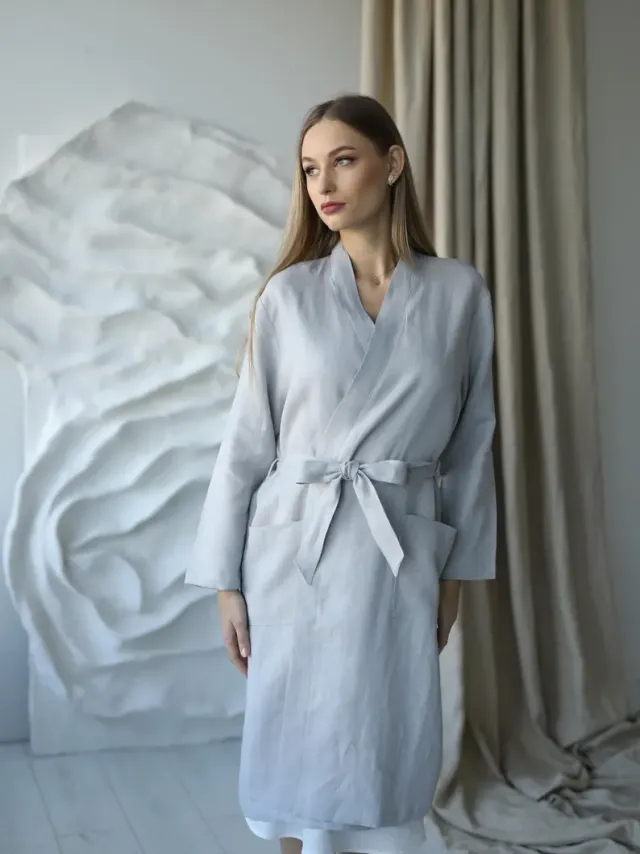 Amber Linen dames vegan Badjas Mona Grijs Lichtgrijs