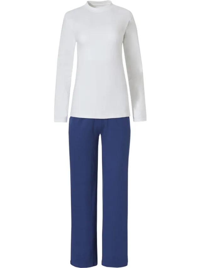 By Louise Dames Pyjama Set Interlock Lange Mouw + Broek Wit / Blauw