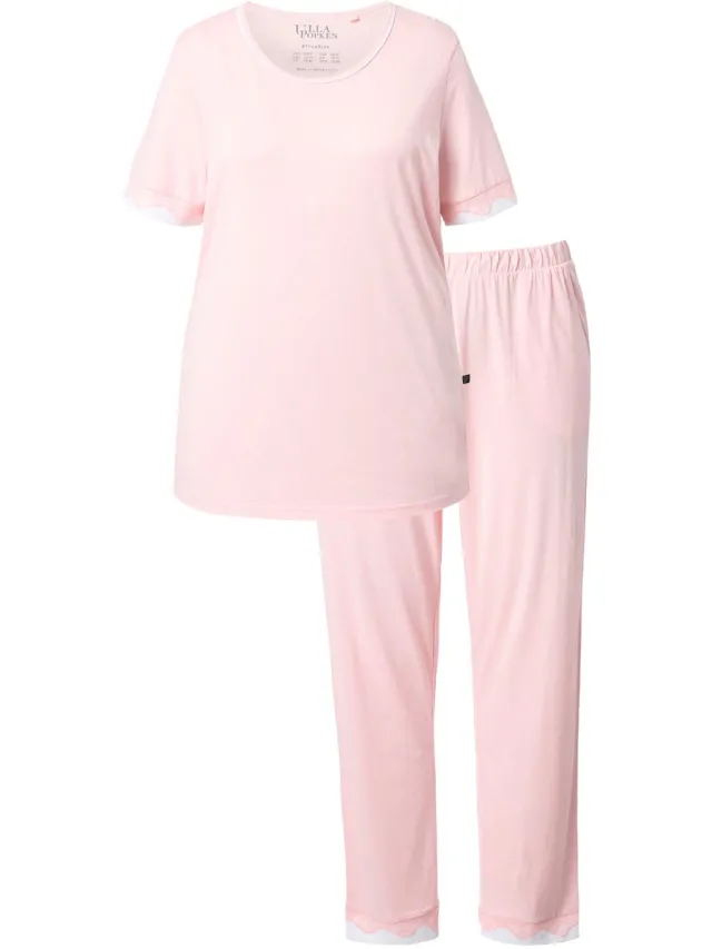 Ulla Popken Dames - Pyjama kanten randen ronde hals korte mouw - Sorbetroze - Maat 58+