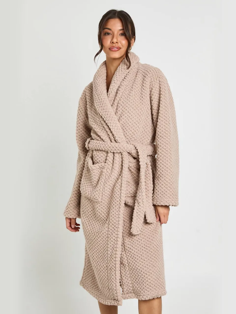 boohoo Dames Wafel Fleece Lange Badjas beige, foto 3