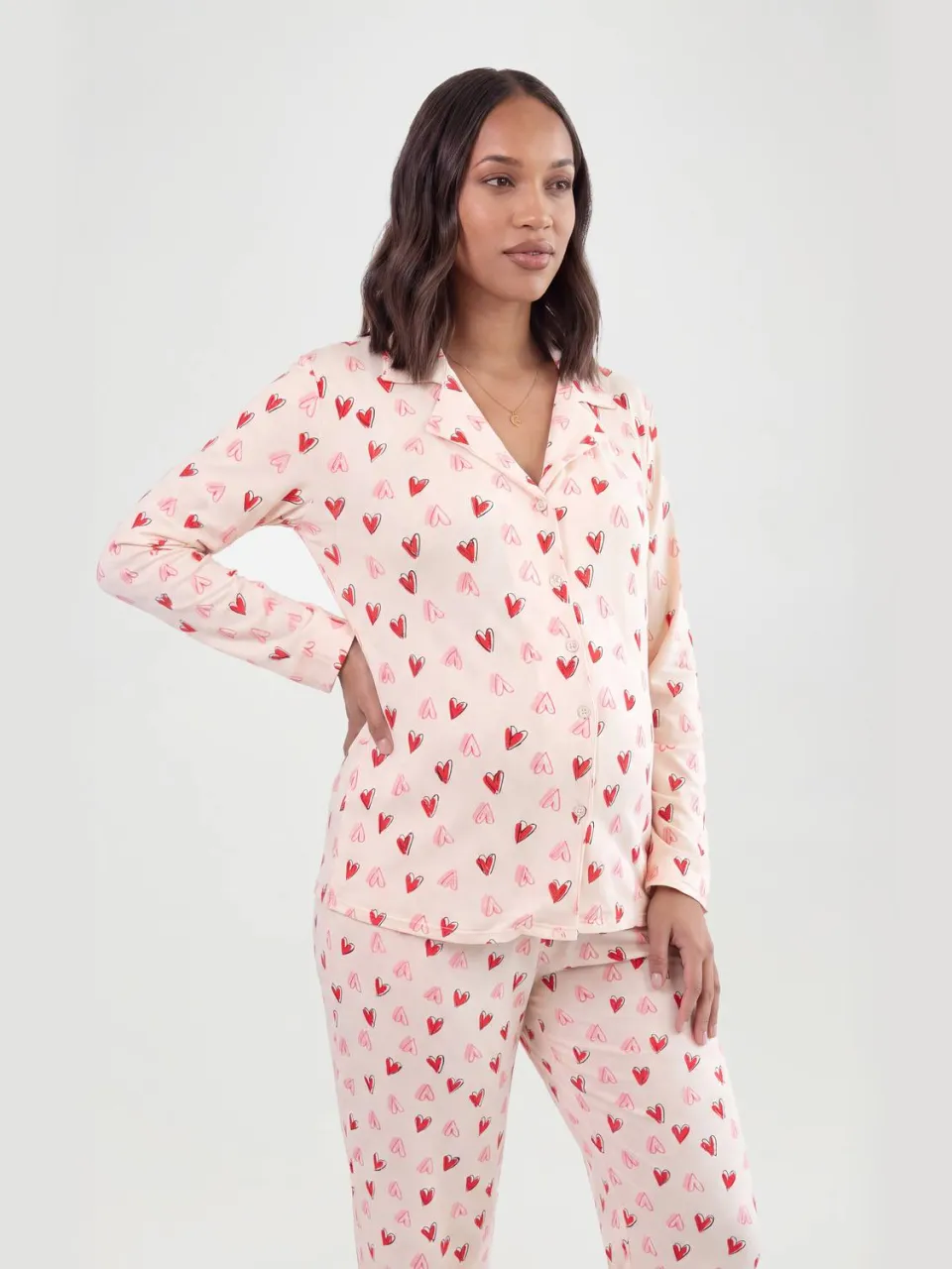 boohoo Dames Zwangerschaps Pyjama Set Met Hartjesprint, Lange Mouwen Shirt & Broek wit, foto 2