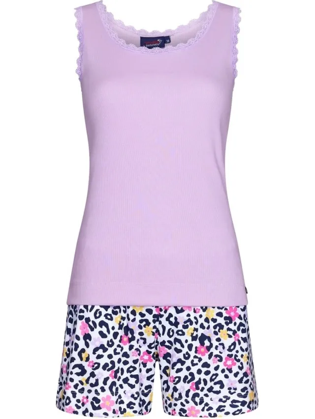 Rebelle Lila dames shortama set van biologisch katoen met rib top 'hidden chic flower' Paars