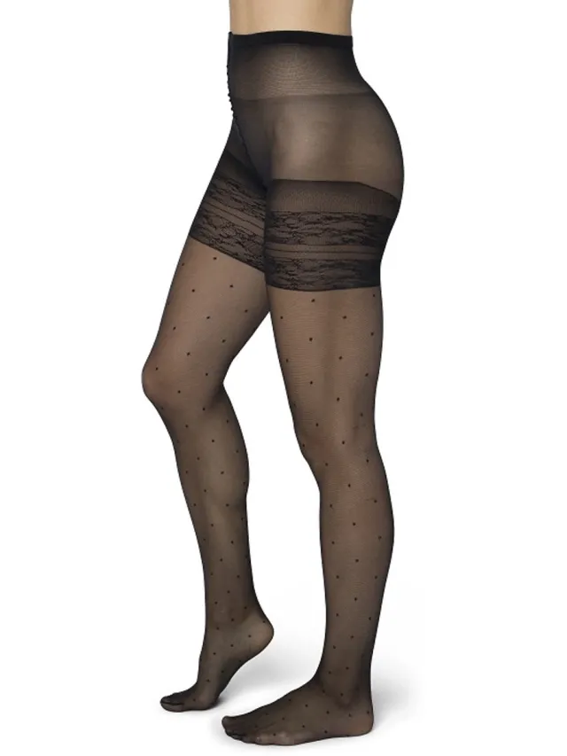 Bonnie Doon Curvy Line Dames Panty met Stippen 20 Denier maat 52/54 4XL Zwart - Plus Size - Lycra Xceptionelle - Maatje meer Panty - Stipjes Print - Zeer Chique en Comfortabel - Hoge Rekbaarheid - Grote maten - Extra Comfort - Black - BP051983.101