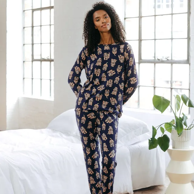 Chelsea Peers Comfortabele lange Pyjamaset met Dierenprint – Hond - Navy