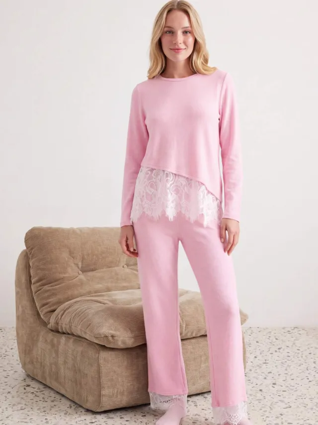 Trendyol TRENDYOLMİLLA Dames 2-pack Roze Effen Lang Loungewear Regular fit Pyjama- Sets