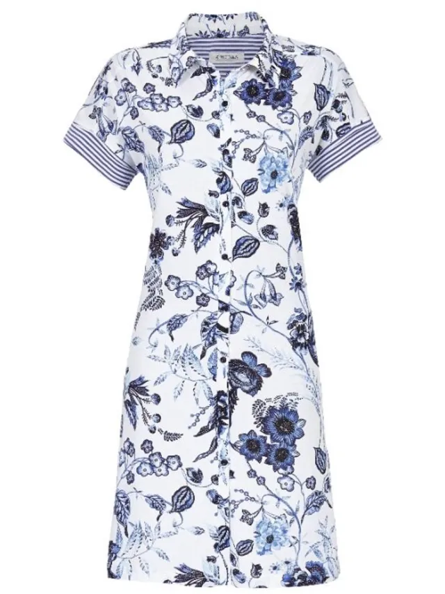 Ringella Doorknoopnachthemd blauwe bloemen - Blauw - Maat - 44