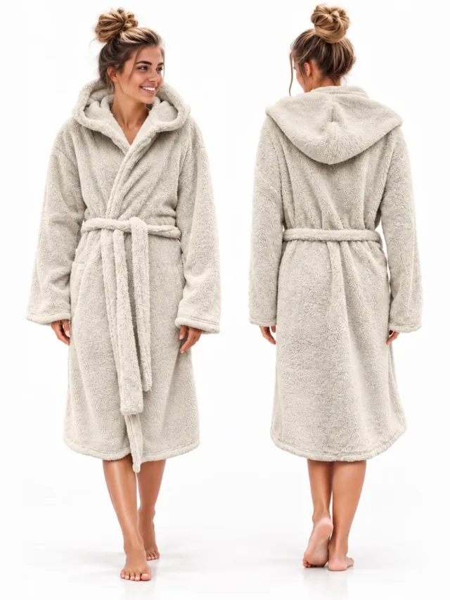 LINNICK Teddy Fleece Badjas met Capuchon inclusief Teddy Tas - Off White - L - Badjas Dames - Badjas Heren ecru / ivoor