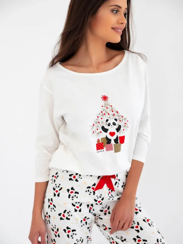 S& Sensis Sensis Katoenen Pyjama Dames Volwassenen Lange Mouw Lange Broek Panda Wit