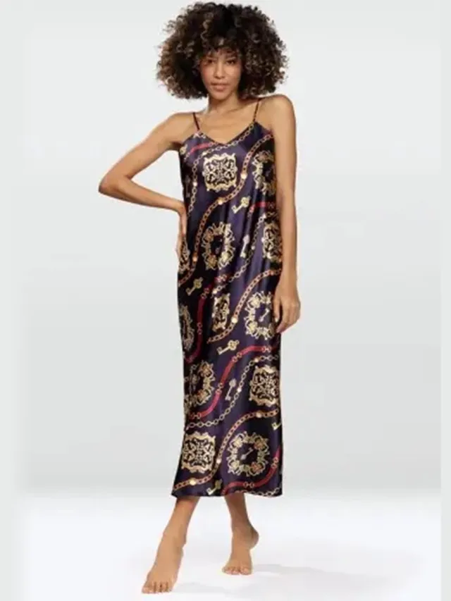 DKaren Hoogwardige satijn slipdress met gouden patroon kleurrijk
