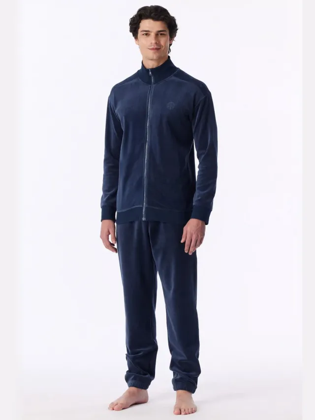 Schiesser velours heren huispak met rits - Oversized - Casual Nightwear - 52 deep sea blue