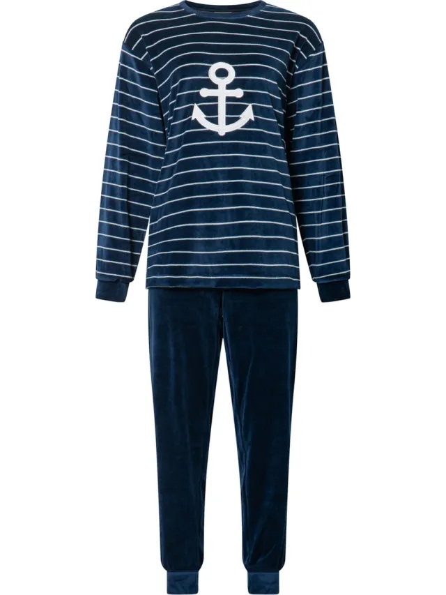 Lunatex warme dames pyjama 124177 - velours - navy donkerblauw
