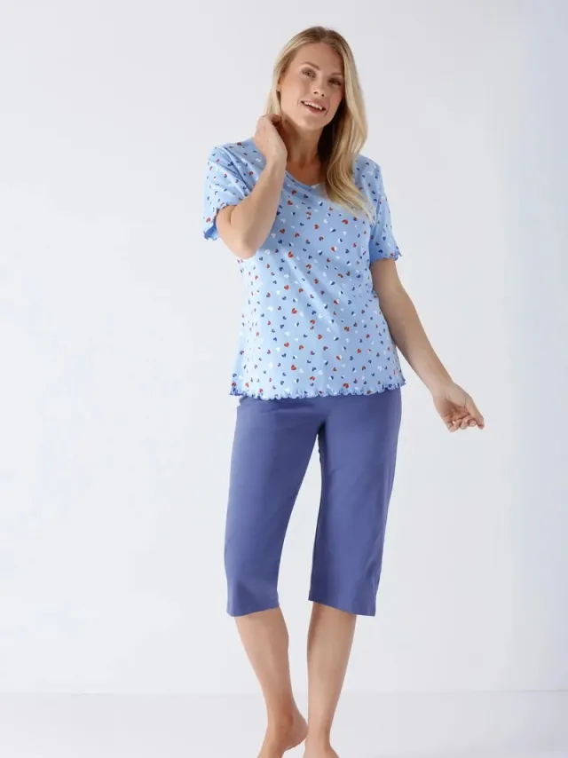 Hajo Dames Pyjama met capri broek - Lichtblauw – 100% Gekamde Katoen