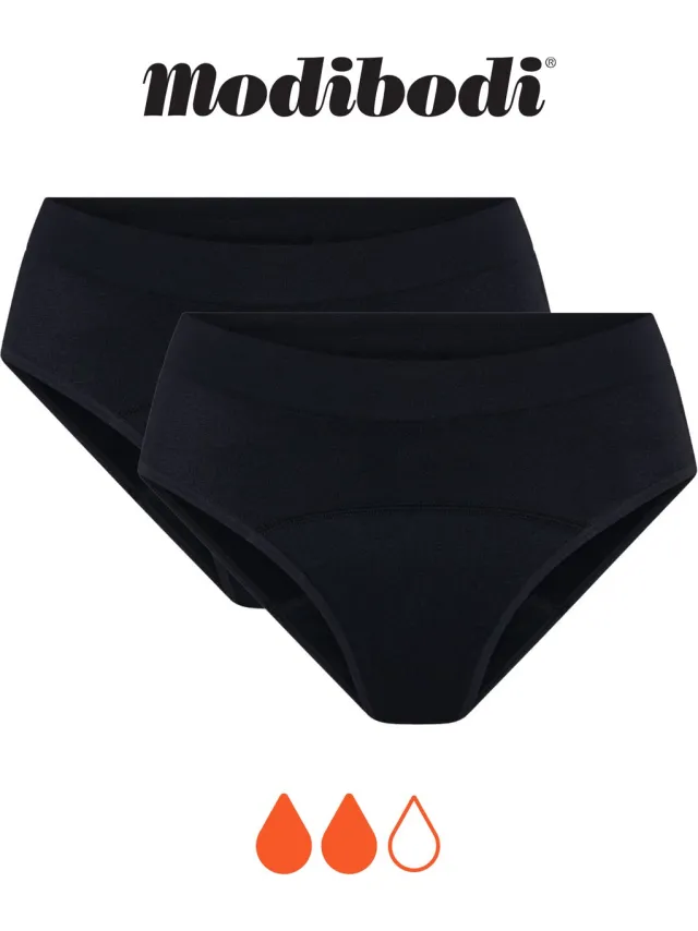 Modibodi Menstruatie Ondergoed Normaal Absorberend Tiener Zachte Stretch Naadloze Hipster Bikinislip 2-Pack Zwart Y08-12