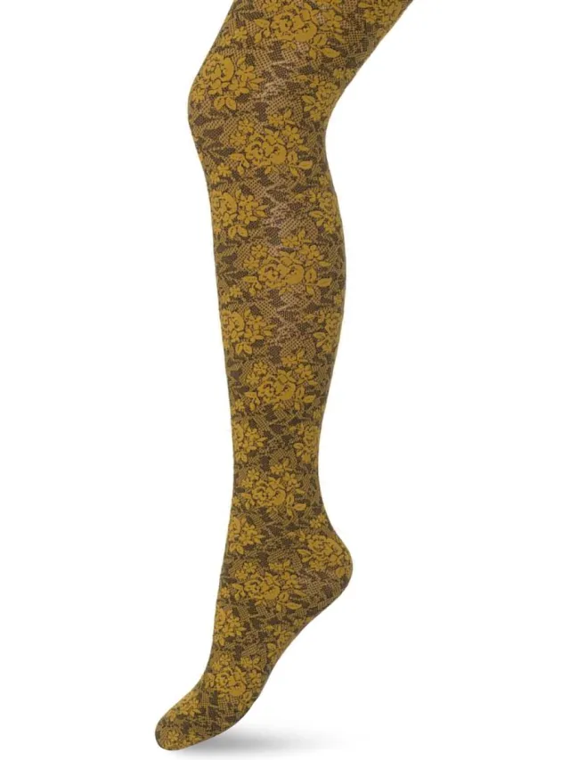 Bonnie Doon Panty met Kant 60 Denier Geel Dames maat 40/42 L - Kanten Bloem Motief - Tekent Niet - Bloemen Print - Chique Bloemenprint - Gladde Naden - Maximaal Draagcomfort - Oker Geel - Goud - Old Gold - BN251966.302