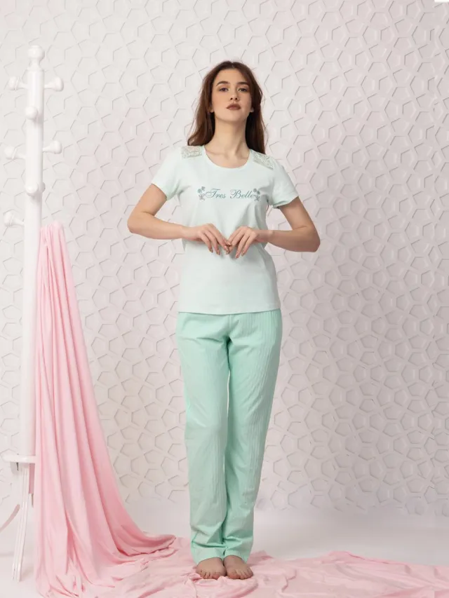 Vanilla Tres Belle dames pyjama - Pyjamasets - Egyptisch katoen - Mintgroen - 8909