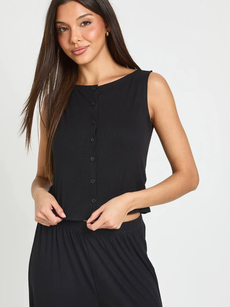 boohoo Dames Zachte Geribbelde Pyjama Set Met Knoopsluiting Top & Wijde Pijpen Broek zwart, foto 3