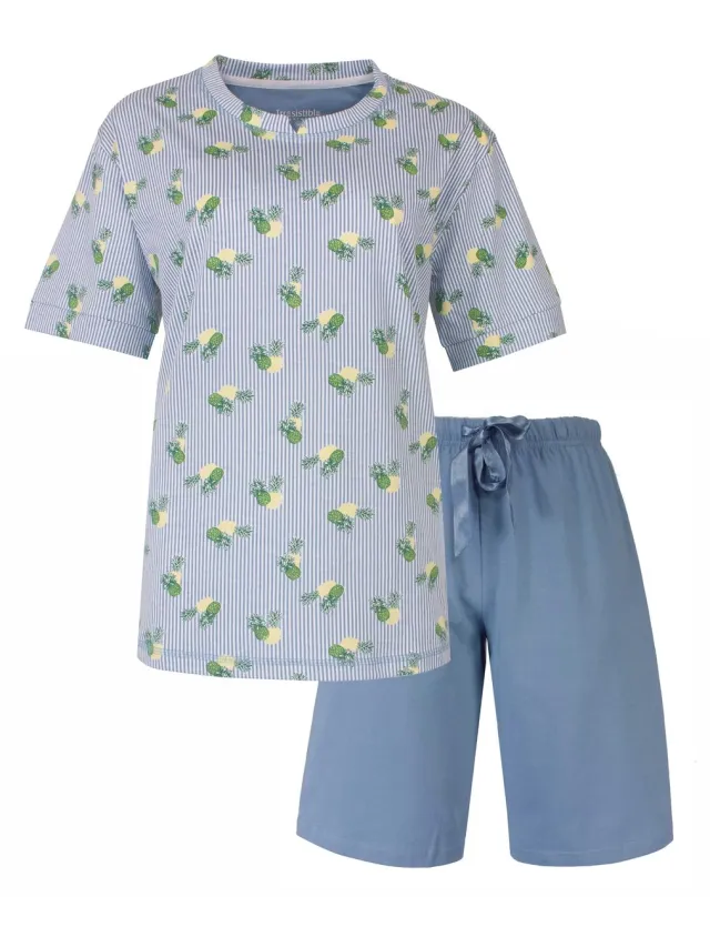 Irresistible Dames Shortama - Ananas Print - Satijnen strik - Blauw