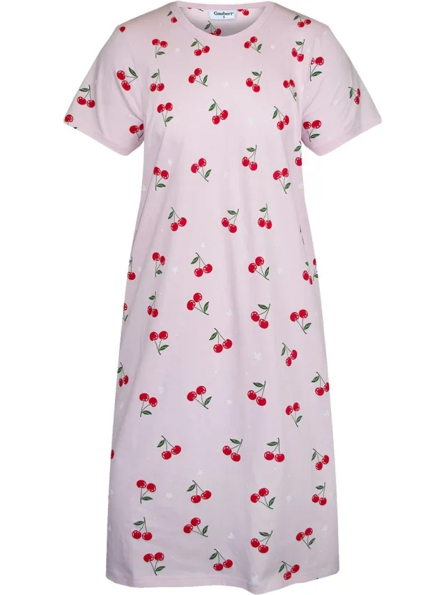 GAUBERT Essential Dames Nachthemd Korte Mouw - Premium Gekamd Katoen - Kersjes - Roze - GB-6820 Korte Mouw, Roze, Kersjes