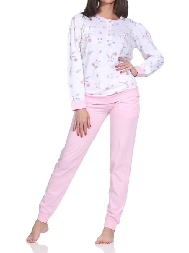 Normann damespyjama met lange mouwen en manchetten in klassieke look rosa