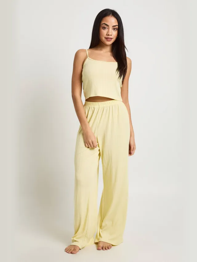 boohoo Dames Pointelle Hemdje En Wijde Pyjama Broek Set Citroen