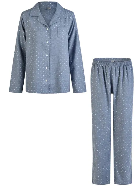 By Louise Dames pyjama set flanel lang met knoopsluiting gestipt Blauw