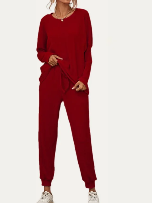 Mamsy Moment Collection - zachte en gezellige geribbelde 2-delige loungewear set - Bordeaux