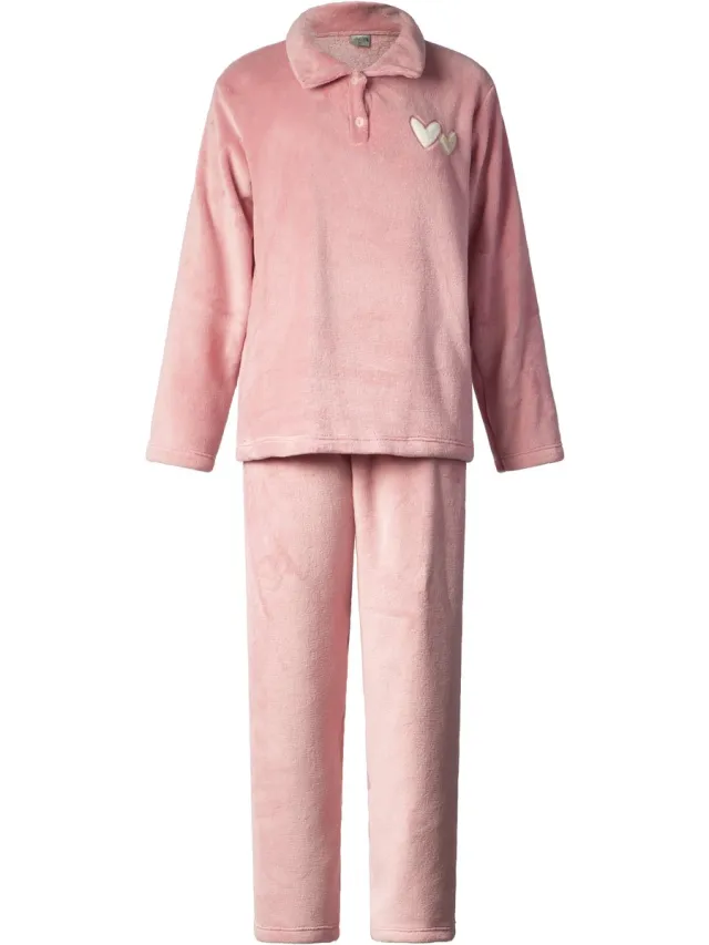 Lunatex warm dames huispak 124266 - zacht loungepak - coral fleece - oud roze