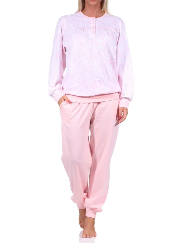 Normann Elegante damespyjama met manchetten en knooplint aan de hals in paisley-dessin rosa