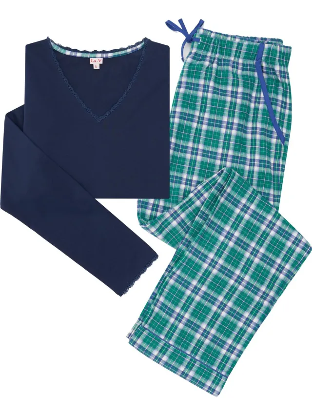 La V La-V pyjamasets voor dames met geruite flanel broek en top met kant blauw/groen M (Valt klein)