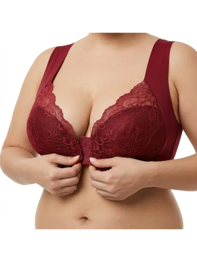 NUVEX Bordeauxrode kanten bh dames maat XL – draadloze naadloze bralette met diepe V hals en voorsluiting – ondersteunende lingerie bh met brede banden en kant details