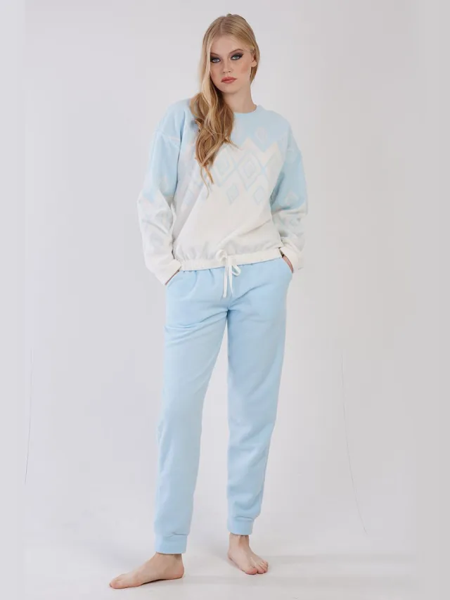 Vienetta Dames Fleece Pyjama Set, Lange Mouwen Blauw