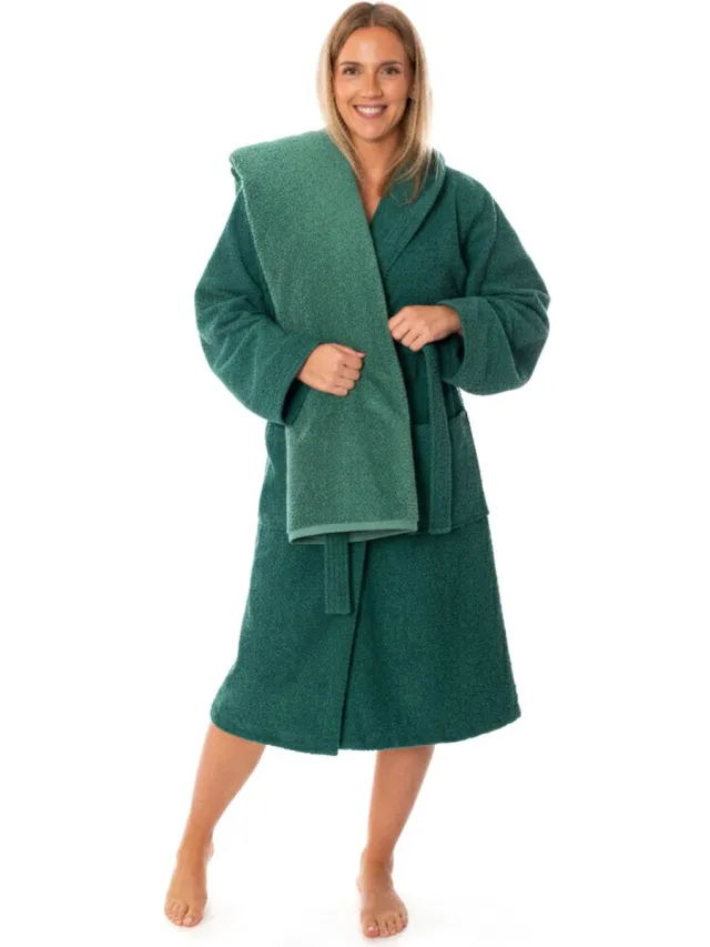 lavea Sauna Set Badjas Dames & Heren met Handdoek 80x200 cm – 100% Katoen, Zacht & Sterk Absorberend – Met Capuchon en Ceintuur – OEKO-TEX – Set Badjas L + Sauna Handdoek – Smaragd Groen Smaragdgroen