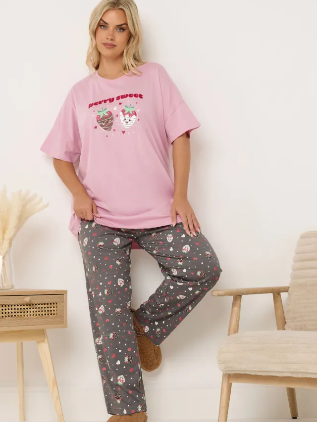 Yours Pink Berry Sweet Wide Leg Pyjama Set-44
