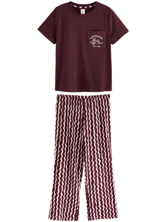 Next Dames - Pyjama met korte mouwen - Rood Burgundy Red/ Pink Wobbly Stripe