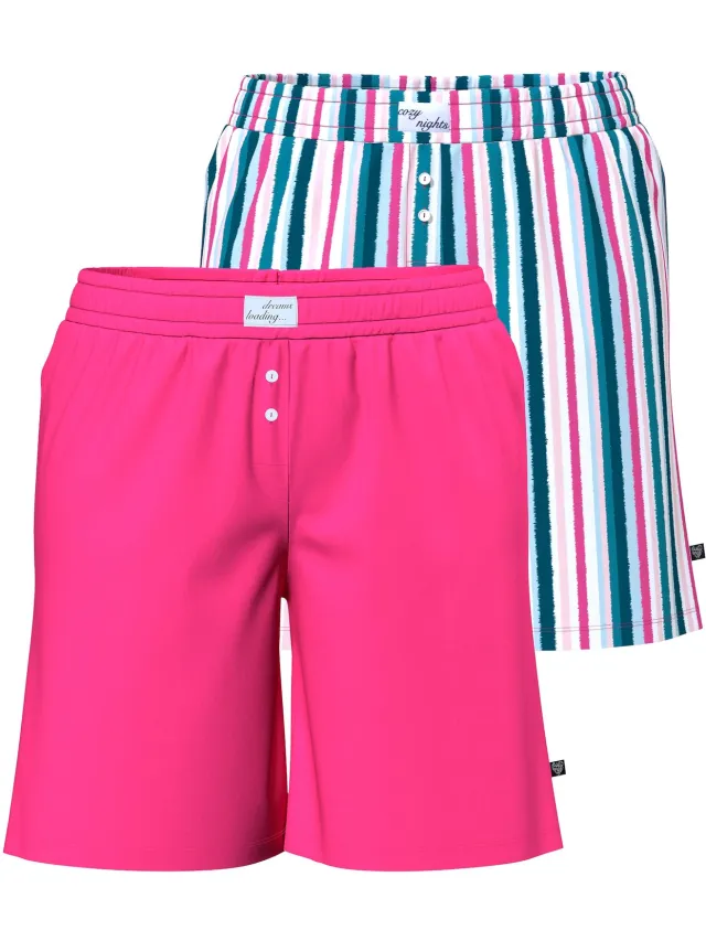 Ulla Popken Dames - Pyjama-shorts set van 2 gestreept/effen zakken - Roze - Maat 50+