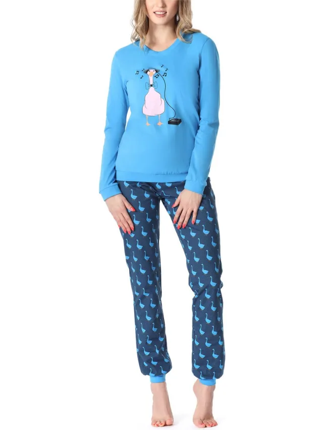 Merry Style Dames Pyjama - Lange mouwen - Lange broek - Katoen - MS-MS10-167-PJ - Blauw Gans