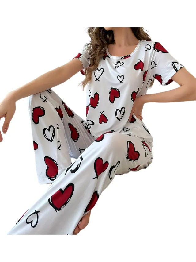 Boncy Pyjama Set Dames Hart - Pyama Nachtkleding Volwassenen - Pyjamabroek Meisje Wit en Rood